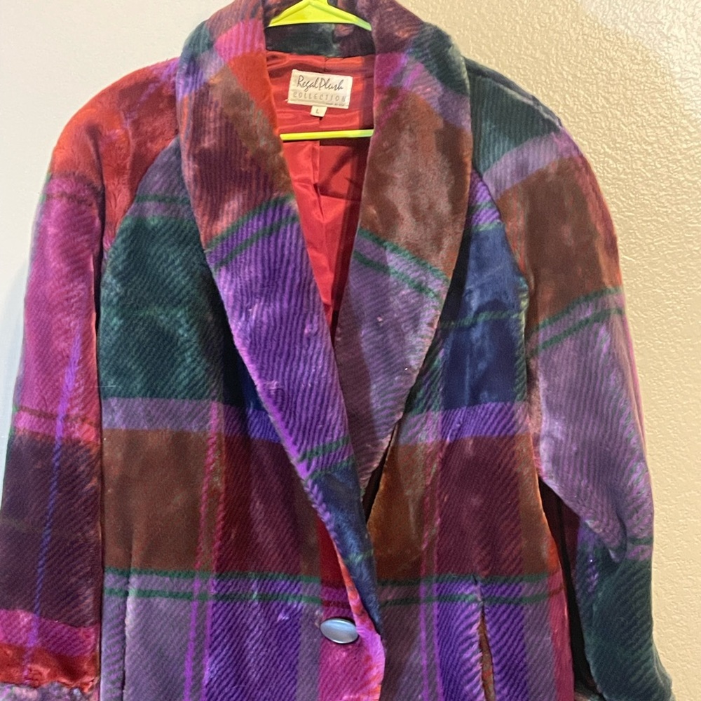 Purple Plaid faux fur coat